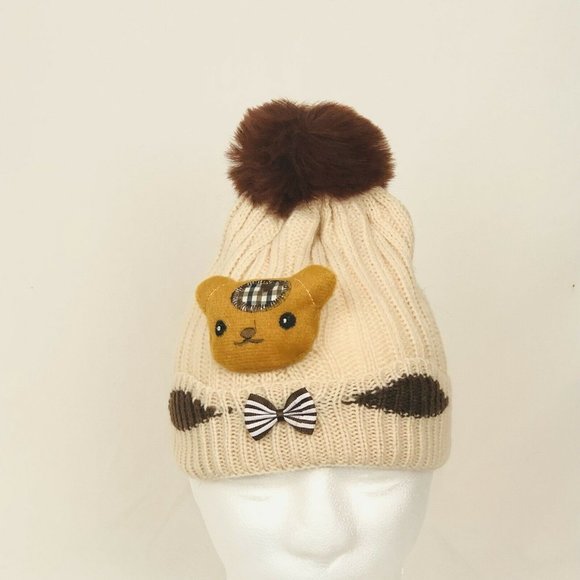 Kids Knit Beanie‎ Pom Fleece Lining Plush On Front- - Picture 2 of 8